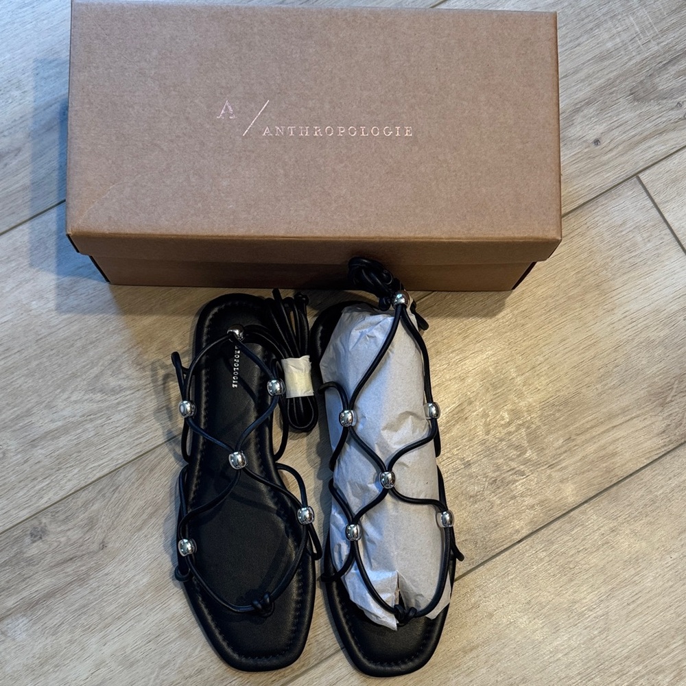 Anthropologie Black Sandals with Pearl Details